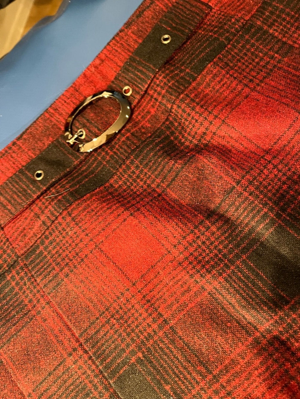 Red Plaid Mini Skirt with Buckle Detail